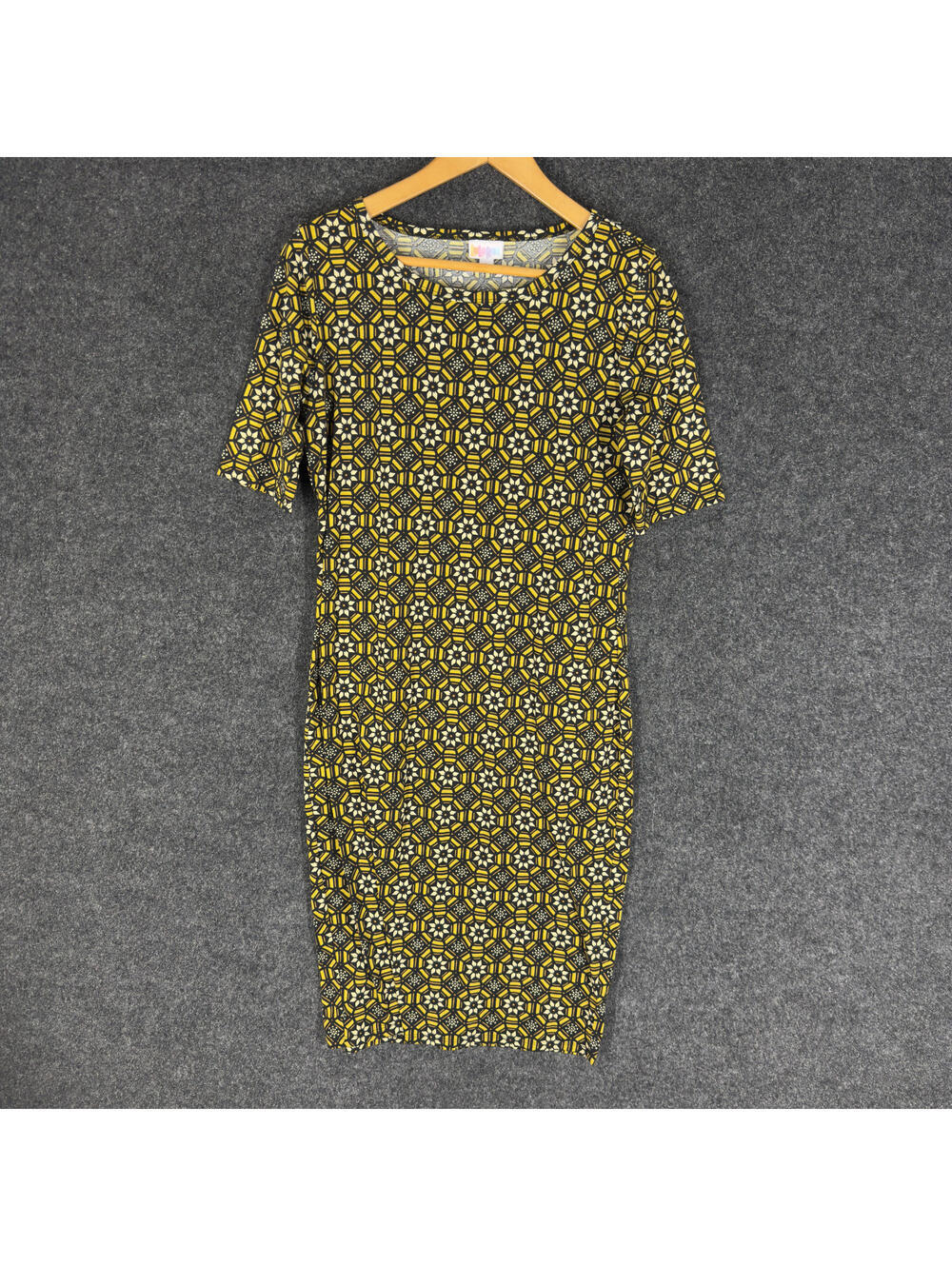 LulaRoe Dress Women L Large Yellow Geometric Sheath Midi Short Sleeve Casual